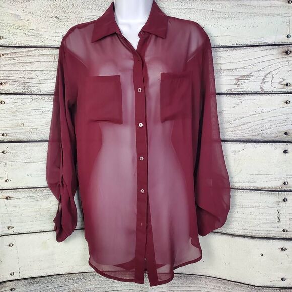 Decree Women’s Medium Burgundy Sheer Chiffon Button Down Blouse Long Sleeve - Picture 1 of 7
